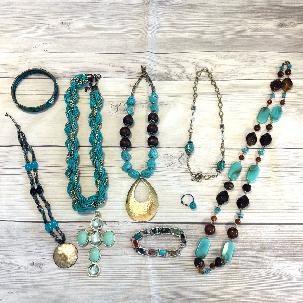 Blue and Turquoise Tone Jewelry Lot of 9 Necklaces Bracelets Ring Pendant